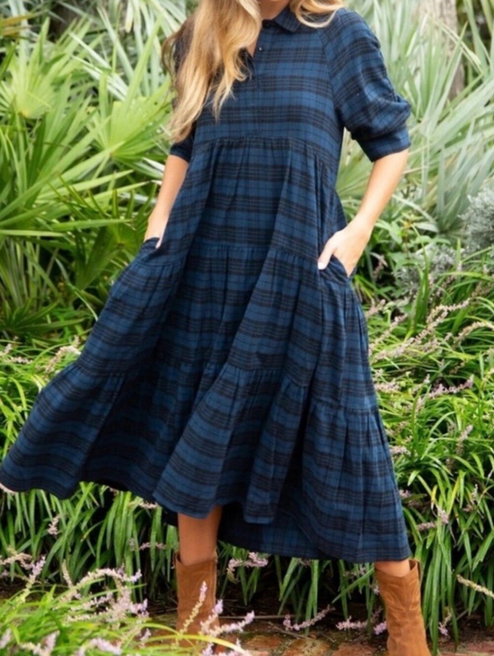 Natural Life Blue/blk Plaid Maxi Dress